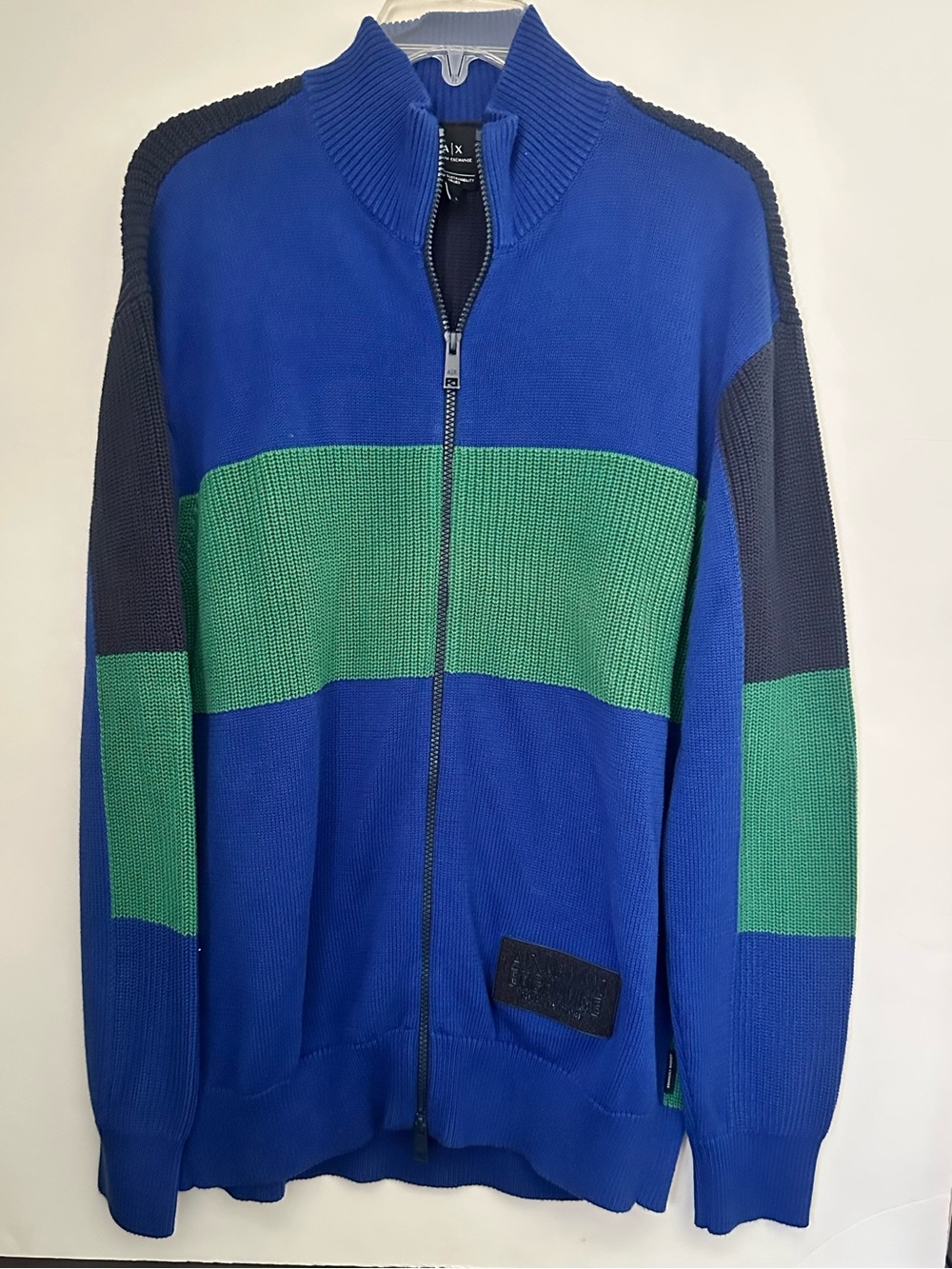 Armani Exchange Color Block Knitted Zipup Cardigan Jacket Sweater| Blue Green~L